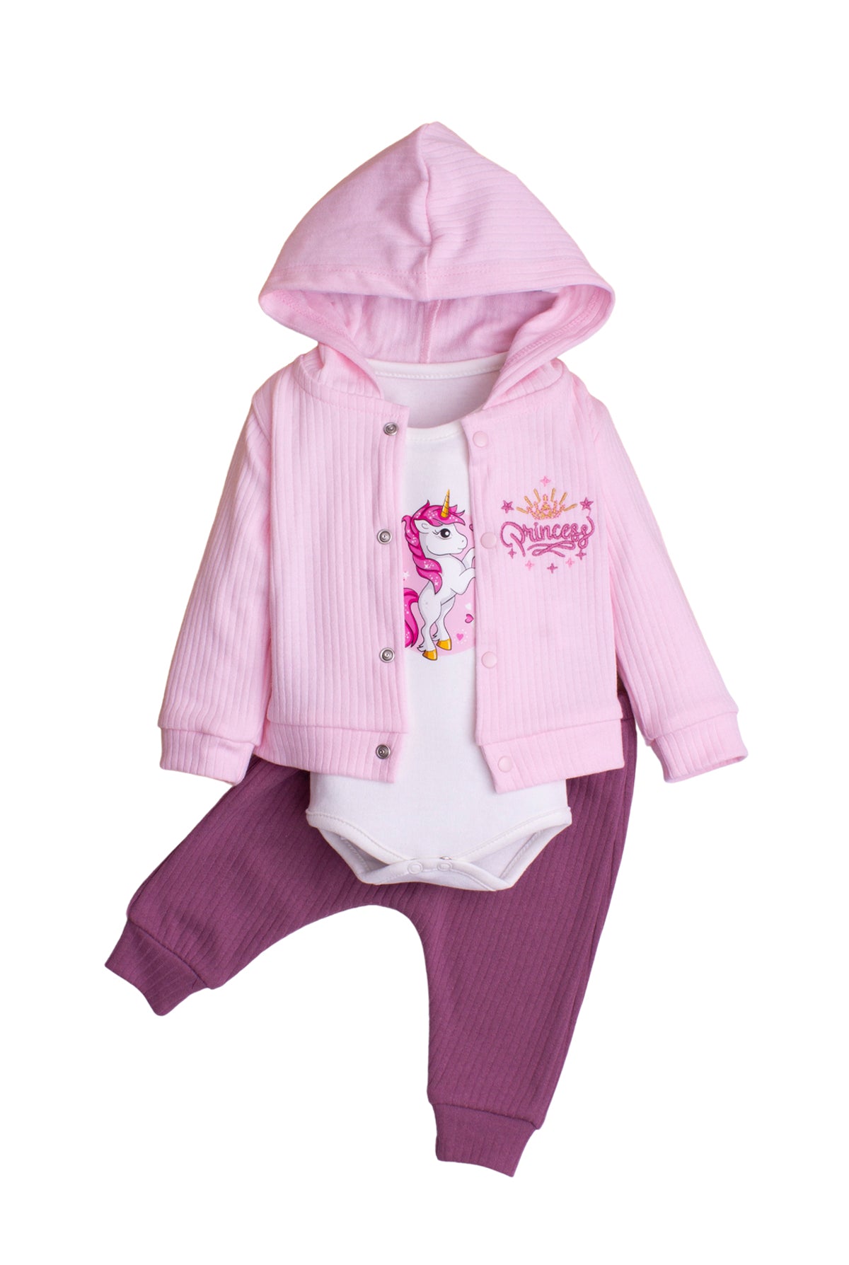 Kız Bebek Unicorn Desenli Kapüşonlu 3’lü Takım Body Hırka ve Pantolon